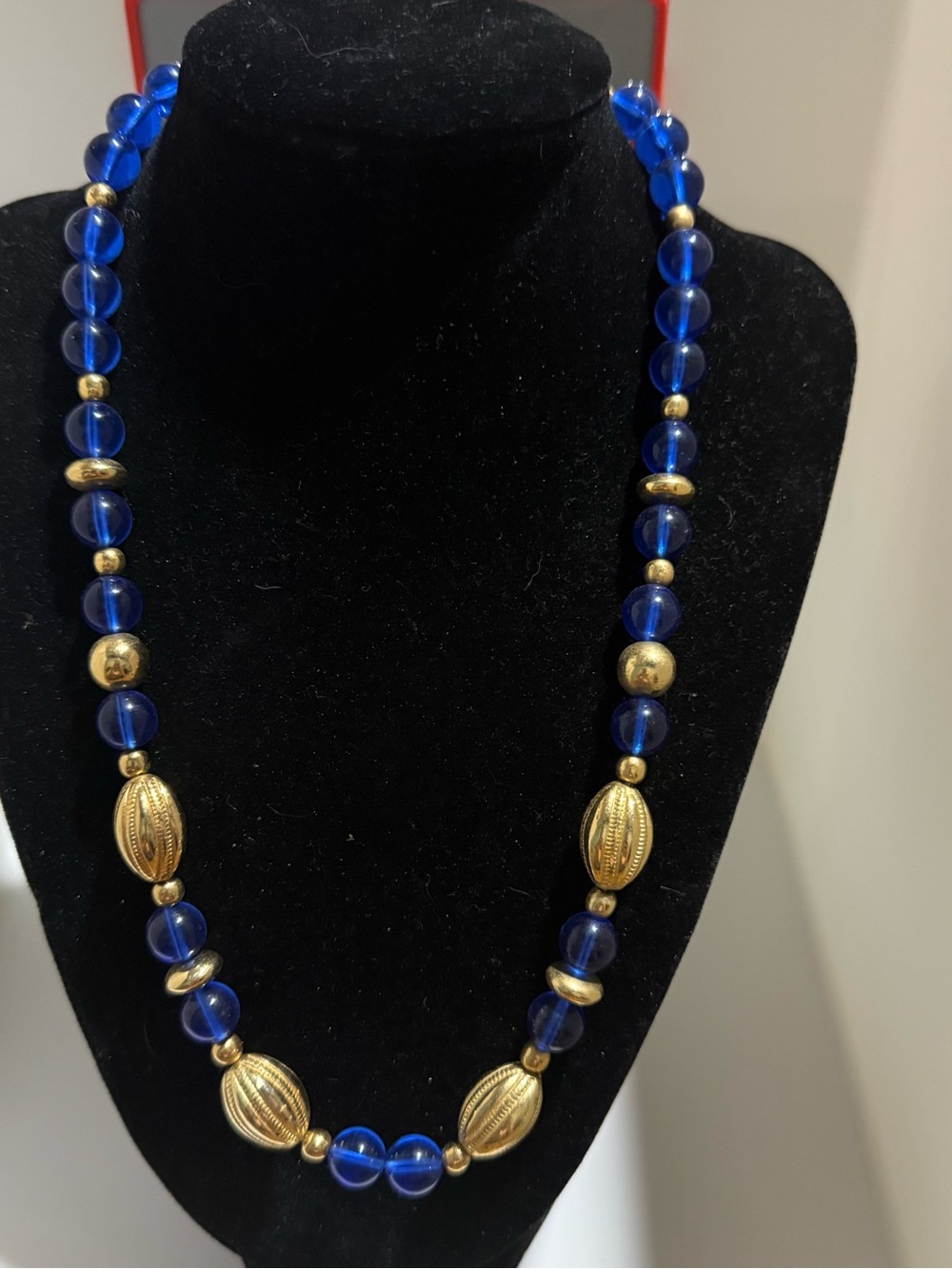 Vintage Cobalt Blue  Bead Necklace with Gold Accents -Clipon earrings